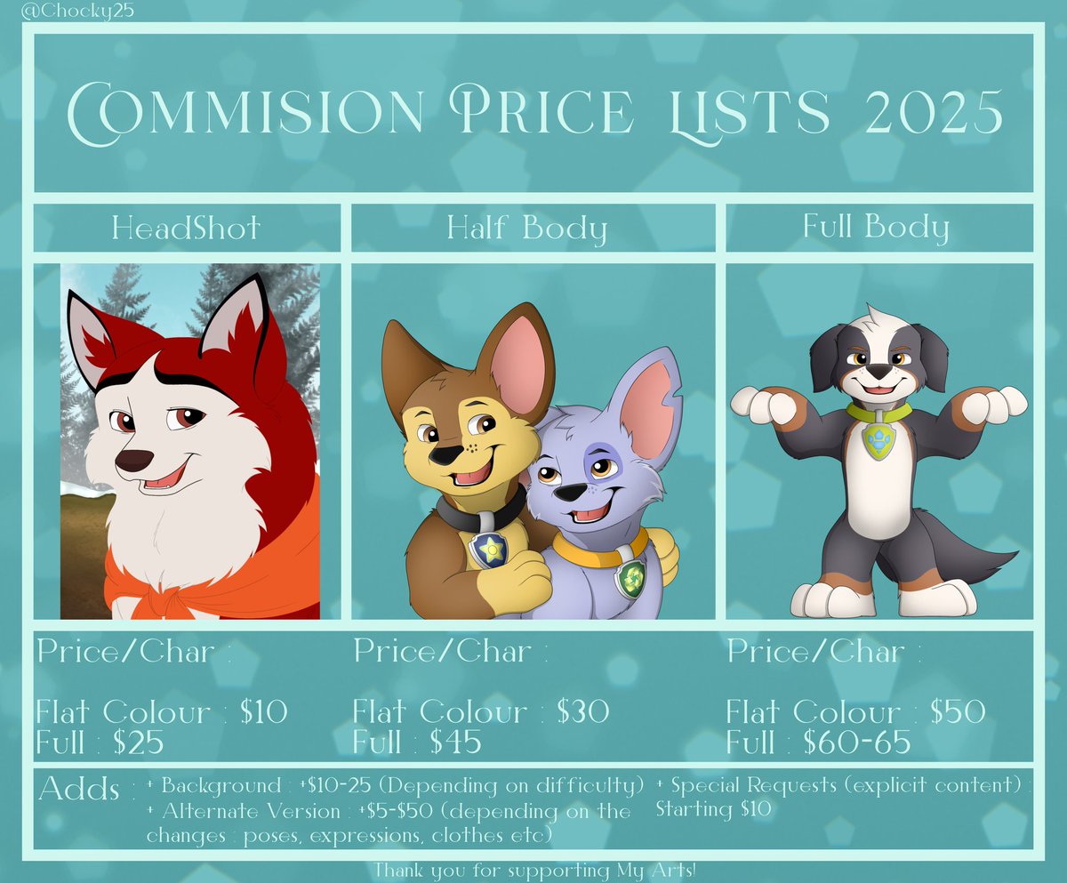 R_Project25's tweet image. COMMISSION OPEN!

*NEW PRICES!

GOOD NEWS! Now the Commission Prices are down!

So what are you waiting for! Let&apos;s Order The available Slots!

Thanks for Supporting Me and My Art! Every order, will be very appreciated!

#Commision #commissionsopen #CommissionSheet #PAWPatrol