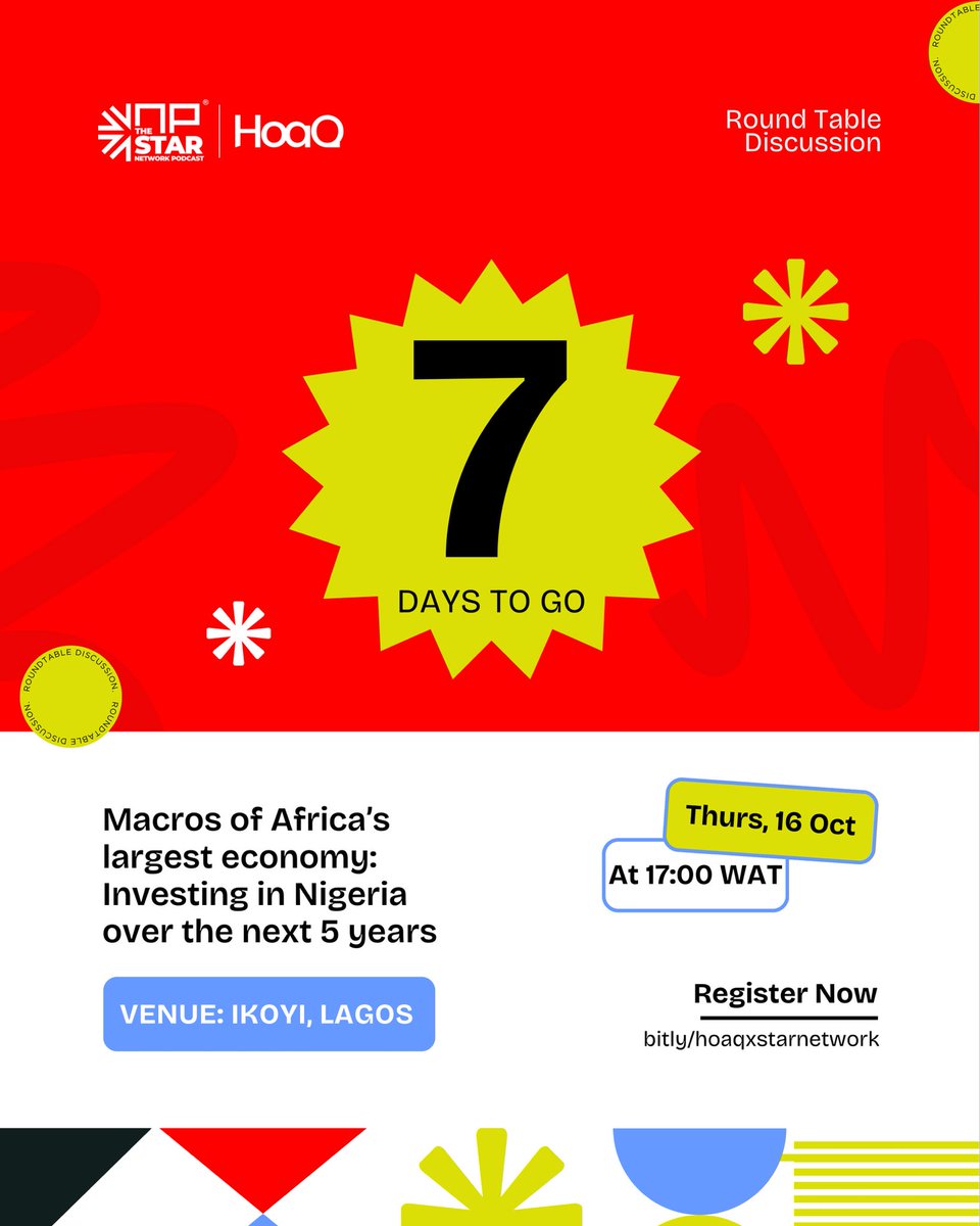 HoaQ /əʊk/ (@hoaqclub) on Twitter photo The countdown is on!🚀
In collaboration with <a href="/starnetworkpod/">The Star Network Podcast</a>, we’re sitting down in Lagos in a week with founders, investors, and policymakers to unpack “The Macros of Africa’s Largest Economy: Investing in Nigeria Over the Next 5 Years.”
RSVP here: bit.ly/hoaqxstarnetwo… The countdown is on!🚀
In collaboration with <a href="/starnetworkpod/">The Star Network Podcast</a>, we’re sitting down in Lagos in a week with founders, investors, and policymakers to unpack “The Macros of Africa’s Largest Economy: Investing in Nigeria Over the Next 5 Years.”
RSVP here: bit.ly/hoaqxstarnetwo…