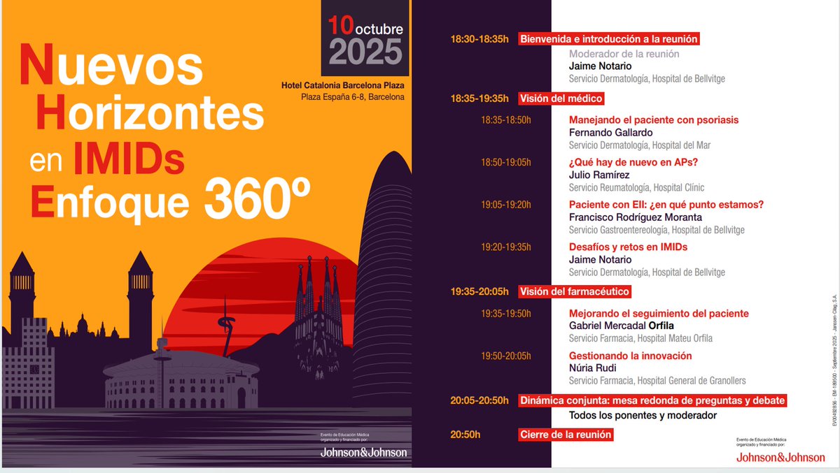 bielmercadal1's tweet image. 🐦 📢 El próximo 10 de octubre participaré en la reunión “Nuevos Horizontes en IMIDs: Enfoque 360º” en Barcelona.
Presentaré la ponencia “Mejorando el seguimiento del paciente”, dentro de la visión del farmacéutico.

#IMIDs #FarmaciaHospitalaria #AtenciónFarmacéutica #Salud
