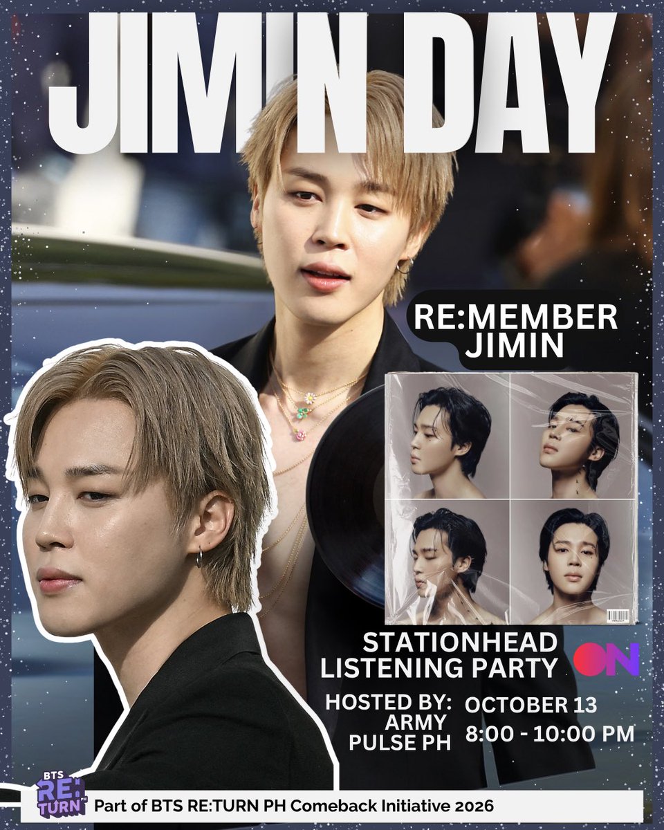 🎉 JIMIN DAY this Monday! 💜
Let’s celebrate our angel’s special day with music, memories, and love through the RE:MEMBER JIMIN Stationhead Listening Party! 🎶

🗓 October 13 | 8:00–10:00 PM
📍 Hosted by ARMY Pulse PH on Stationhead

Tune in, stream together, and relive Jimin’s