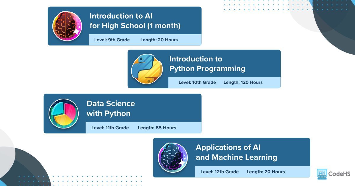 CodeHS's tweet image. The CodeHS AI Pathway helps students learn how AI works, explore real-world applications, and consider the ethical implications of intelligent systems. Explore courses in the pathway at buff.ly/Oq9Drtd