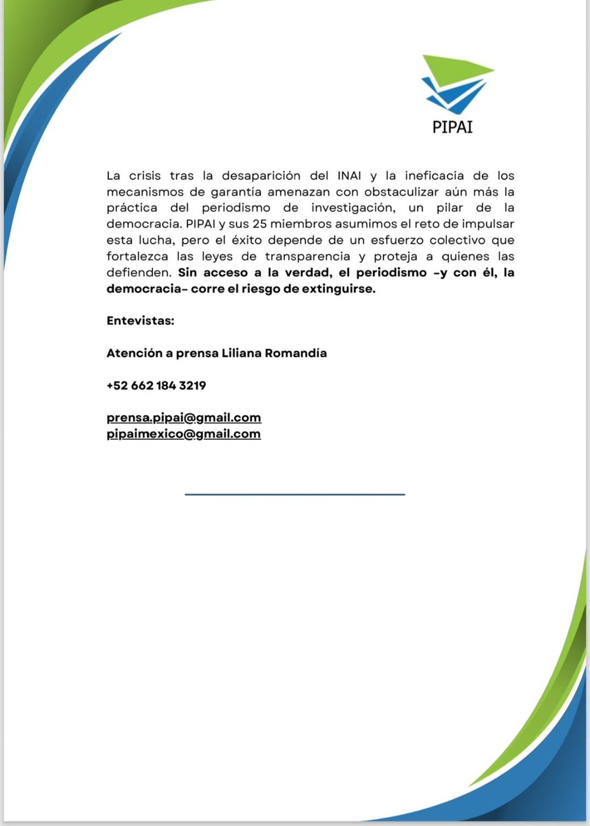 Publicamos nuestro primer comunicado e invitamos a colegas y ciudadanía a visitar nuestro sitio pipai.mx para conocer a detalle nuestros informes.

Periodistas de Investigación por el Acceso a la Información Pública. #PIPAI