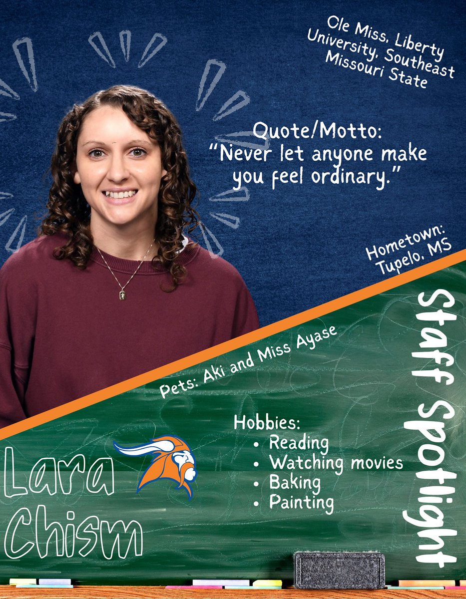🔵🟠STAFF SPOTLIGHT🟠🔵
Mrs. Lara Chism is one of our English teachers! She teaches English 2, and Comp 1 &amp; 2! We are thankful for her!

Fun Memory: Anything involving Coach Aldridge! #IYKYK