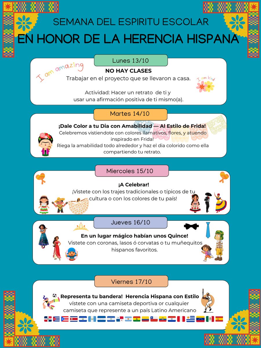 Next week we will be celebrating Hispanic Heritage Month! Below is Shenandoah's Spirit Week! We look forward to a fun week!