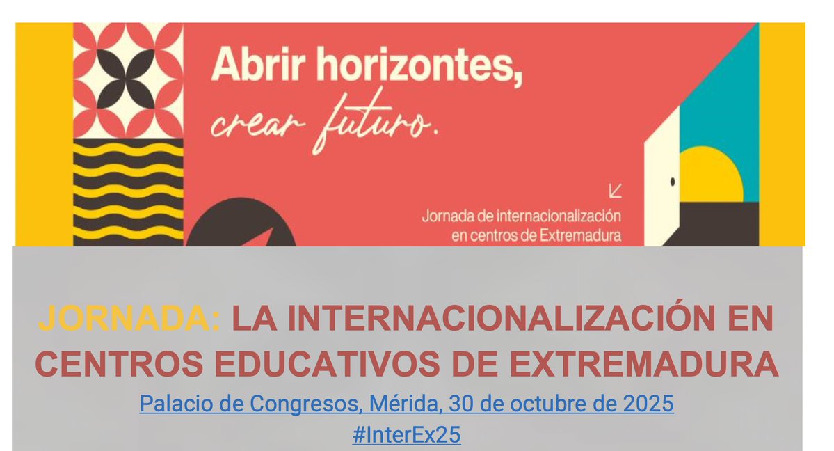 #abrirhorizontescrearfuturo
No te pierdas la Jornada de Internacionalización de Centros Educativo en Extremadura. 

Tienes el formulario de inscripción y todos los detalles en el díptico informativo: goo.su/12eZaB
#InterEX25
Aprovecha y contacta con nuestros embajadores