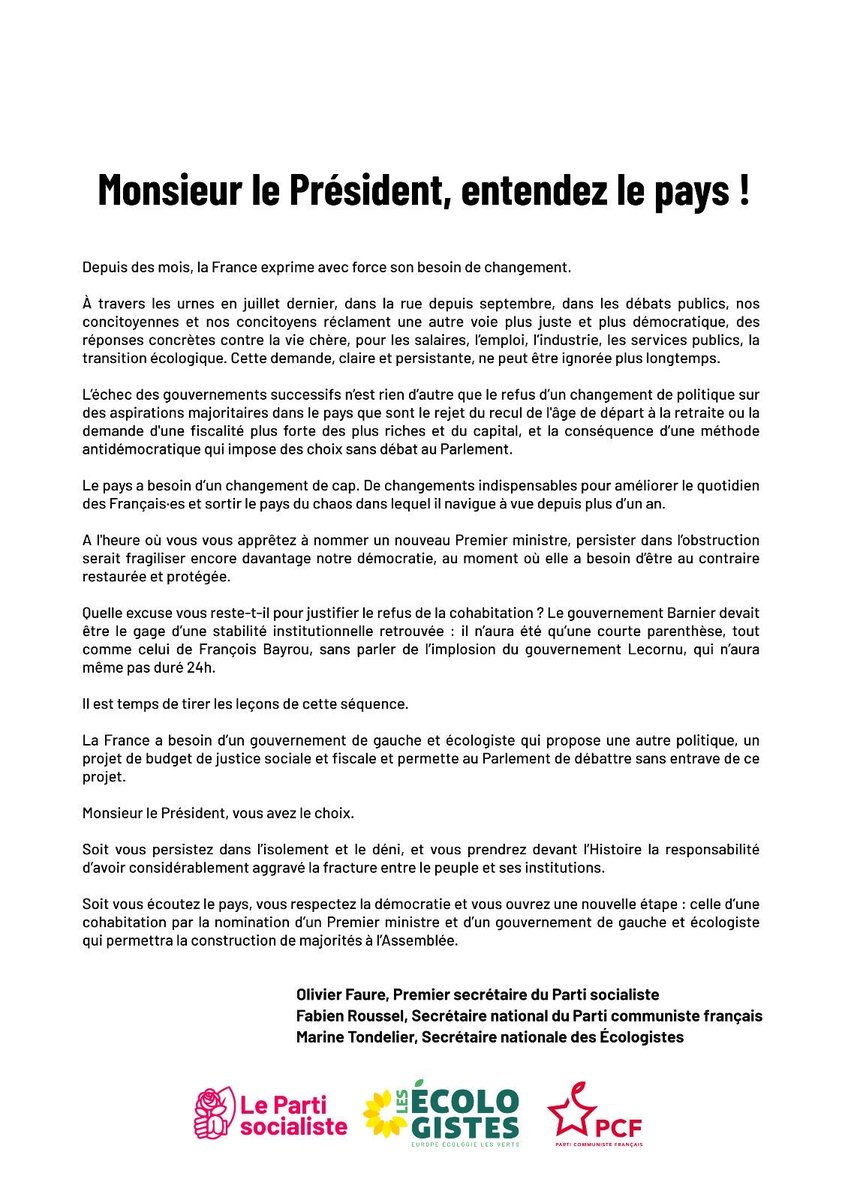 🔴🇫🇷 ALERTE INFO - Le PS, EELV et le PCF supplient Macron d'être au gouvernement.
Difficile de faire une lettre plus pathétique.