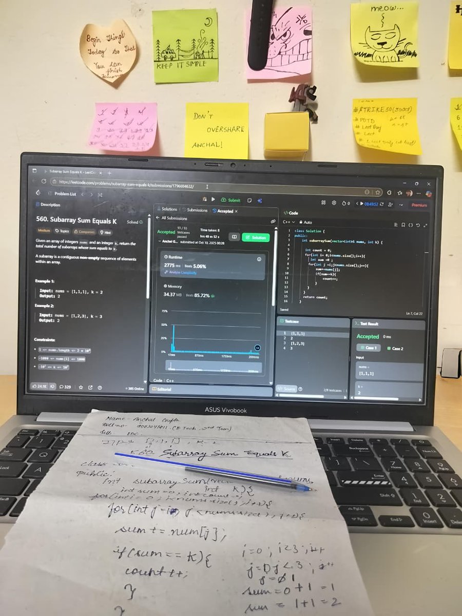 AnchalGupta009's tweet image. Day 18 — Subarray Sum Equals K 💡
Prefix sum + hashmap = pure efficiency ⚡
From O(n²) ➝ O(n) — logic unlocked 🤯
#LeetCode #CPP #CodingLife #Developer
