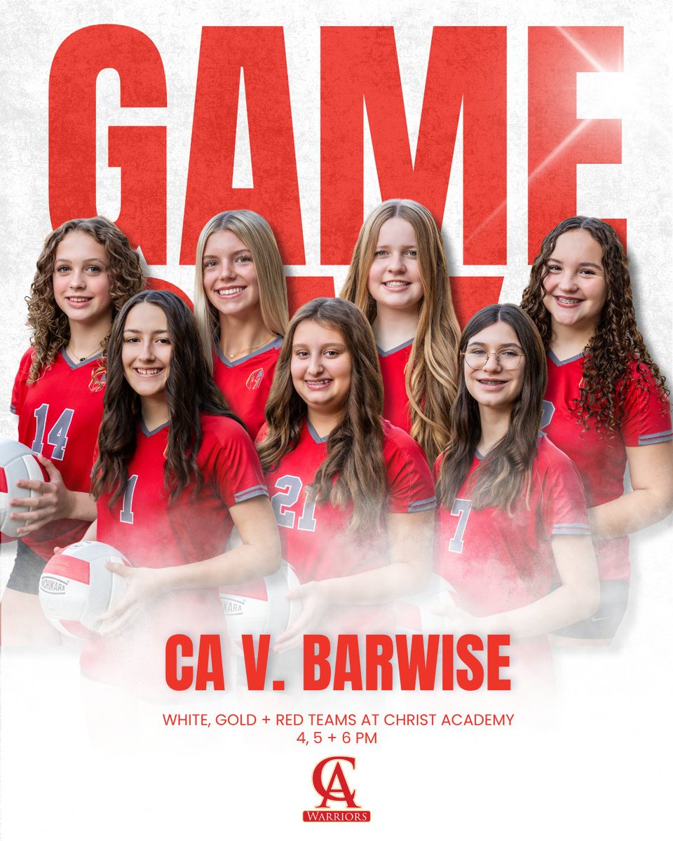 It's GAME DAY for our Middle School volleyball teams! Tonight, they take on Barwise MS, so come get loud for your Lady Warriors as they play their last home games!

⚪ White team | 4 PM
🟡 Gold team | 5 PM
🔴 Red team | 6 PM
.
.
#CALadyWarriors #CAvolleyball #volleyball