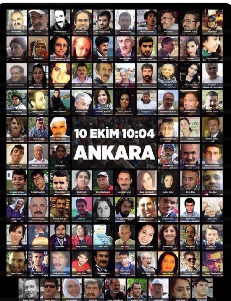 10 Ekim 2015'te Barış Mitingi için Ankara Garı önünde toplanan kalabalığa,

Bir avuç öfkeli genç diye geçiştirdiler, faillerini korudular.

109 can, 109 beden.Unutmayacağız.

#10EkimAnkaraGarKatliamı🥀