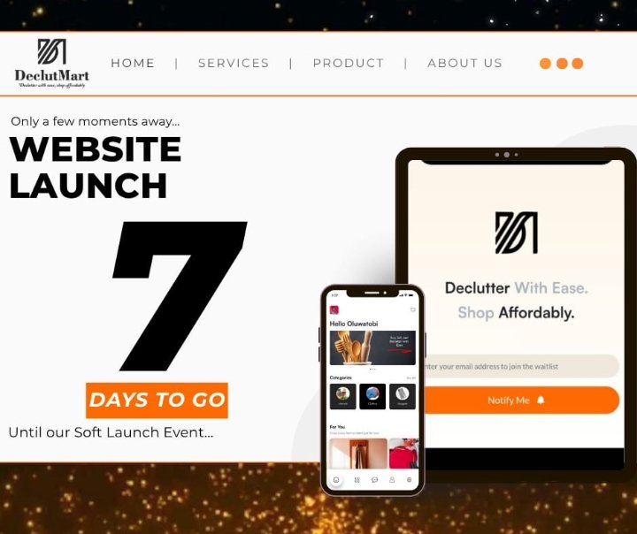 DeclutMart's tweet image. Exactly one week to our launch! 💃🔥
What’s the first item you’ll be selling or buying on Declut Mart? 🤔  
Join our waitlist now 👉 declutmart.com
#DeclutMart #DeclutterWithEase #StudentMarketplace #Nigeria #SustainableLiving #viral