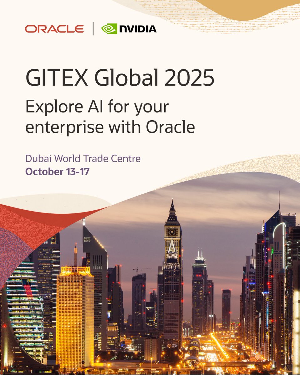 tajbayati's tweet image. Explore AI for your enterprise with @Oracle_ME and @nvidia at @GITEX_GLOBAL 2025 in Dubai.
Visit Oracle at Hall 4, Stand C50, Dubai World Trade Centre from 13 to 17 Oct. social.ora.cl/6010AssWG
#GITEXGlobal #OracleForAll #OraclePartners #Developers