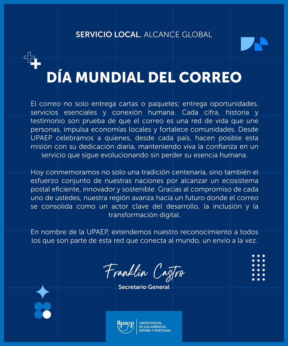 El correo no solo entrega cartas o paquetes; entrega oportunidades, servicios esenciales y conexión humana. 🫶🏽📮

En este #DíaMundialDelCorreo, mi reconocimiento a todos los que forman parte de esta gran red que conecta lo local con lo global. 🌐

Sigamos transformando juntos el