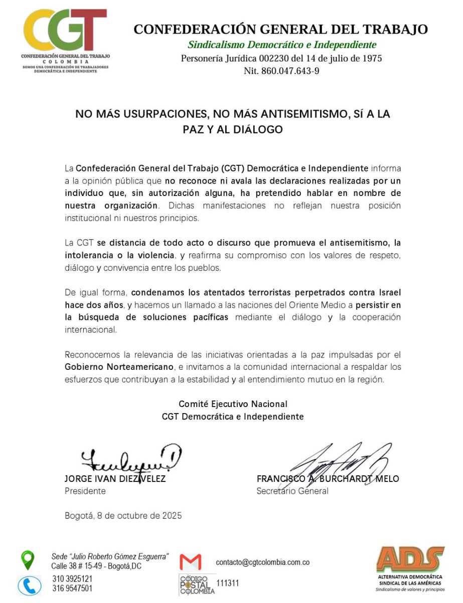 CGT Democrática e Independiente informa
a la opinión pública que no avala las declaraciones realizadas por un individuo a nombre de nuestra Confederación. <a href="/ADS_Americas/">ALTERNATIVA DEMOCRÁTICA SINDICAL DE LAS AMÉRICAS</a> <a href="/ACC_camioneros/">ACC Camioneros (oficial)</a> <a href="/everstrongever/">EVERSTRONG</a> <a href="/DefensoriaCol/">Defensoría del Pueblo</a> <a href="/ctccolombia/">Confederación de Trabajadores de Colombia CTC</a>  <a href="/RedMasNoticias/">Red+ Noticias</a> <a href="/JorgeDiezCGT/">Jorge Ivan Diez Velez</a> <a href="/FiscaliaCol/">Fiscalía Colombia</a> <a href="/lafm/">La FM</a>