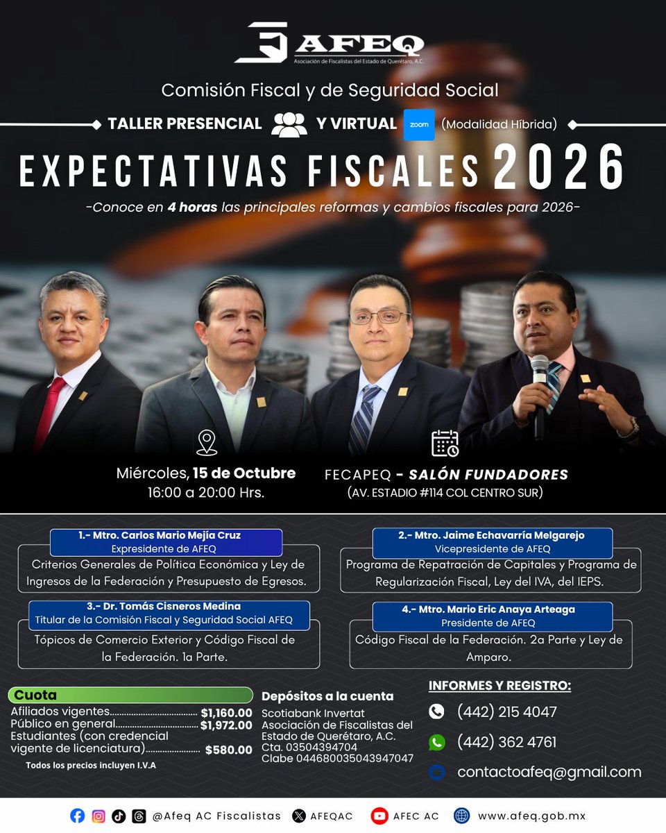 🔴 ¡𝗣𝗮𝗿𝘁𝗶𝗰𝗶𝗽𝗮 𝗲𝗻 𝗻𝘂𝗲𝘀𝘁𝗿𝗼 𝘁𝗮𝗹𝗹𝗲𝗿 𝙀𝙭𝙥𝙚𝙘𝙩𝙖𝙩𝙞𝙫𝙖𝙨 𝙁𝙞𝙨𝙘𝙖𝙡𝙚𝙨 𝟮𝟬𝟮𝟲! 

𝑰𝑵𝑭𝑶𝑹𝑴𝑬𝑺 𝒀 𝑹𝑬𝑮𝑰𝑺𝑻𝑹𝑶: 
📲 WhatsApp: wa.me/524423624761 
📞 442 362 4761 
📧 contactoafeq@gmail.com

¡Aprovecha esta oportunidad para actualizarte!