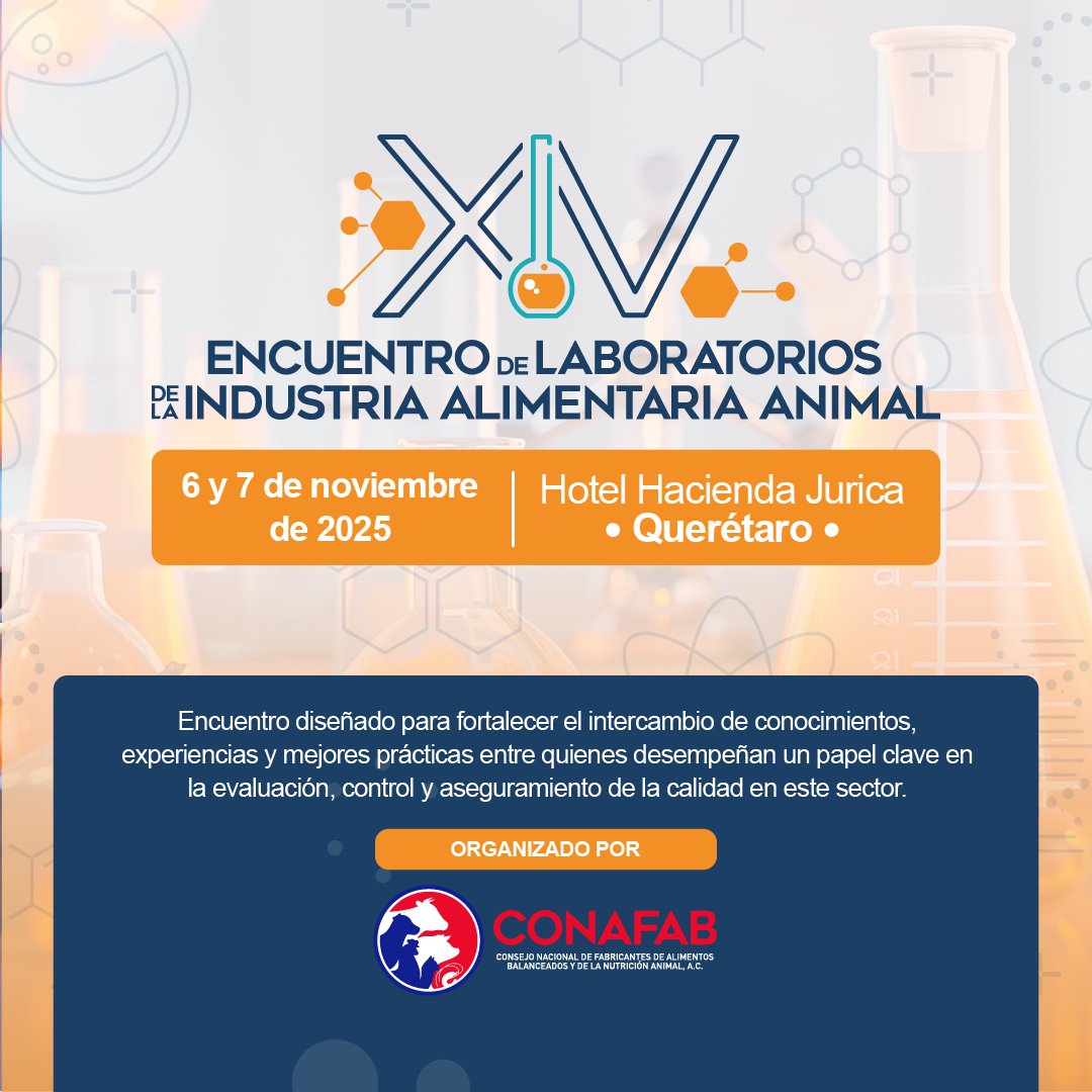 Conafab's tweet image. Les invitamos al XIV Encuentro de Laboratorios de la Industria Alimentaria Animal, que realizaremos los días 6 y 7 de noviembre en el Hotel Hacienda Jurica, en Querétaro.

Para mayor información y registro, visiten: eventos.conafab.org/laboratorios/