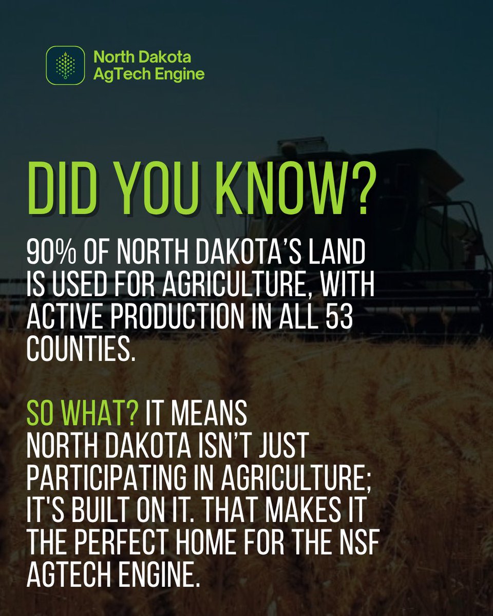 NDAgTechEngine's tweet image. Agriculture is what North Dakota is built on. It’s also why our state is the perfect home for the NSF AgTech Engine, where research, innovation, and community come together to shape the future of food systems across the region and beyond.