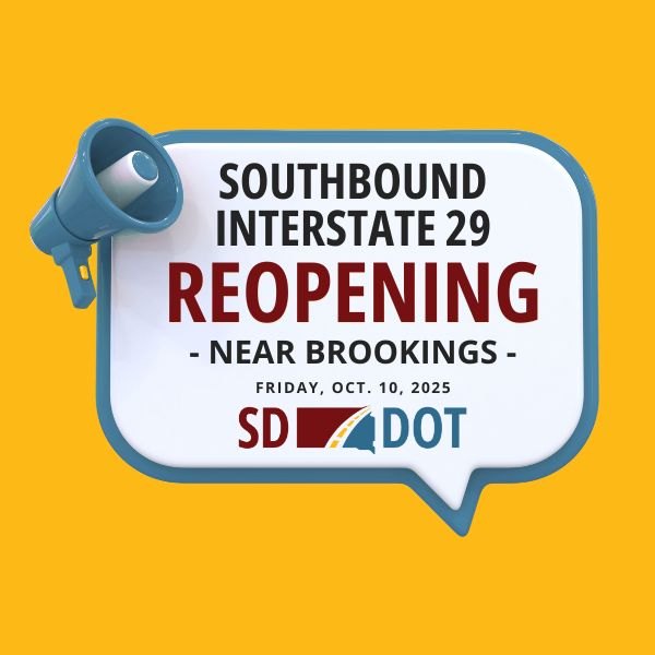 On Friday, Oct. 10, 2025, the southbound lanes on Interstate 29 are scheduled to reopen to traffic. The southbound I-29 lanes were closed for an asphalt paving project from Estelline/Toronto (exit 150) to one mile south of Bruce/White (exit 140).

#SDDOT #SD511