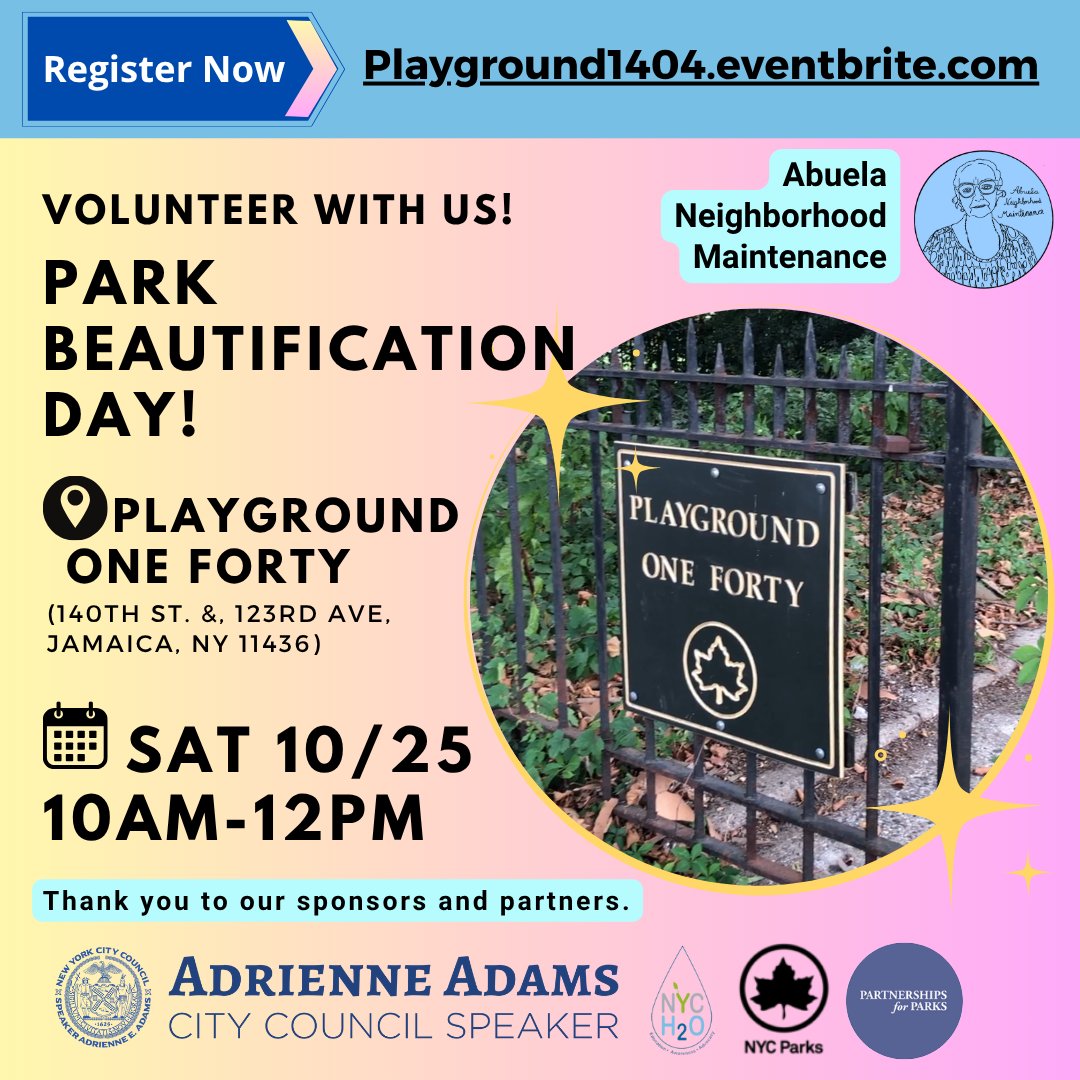 Our wonderful partners at @abuela_neighborhood_maintenanc have a cleanup coming up on October 25th at playground 140 in Jamaica Queens

Be sure to sign up at: playground1404.eventbrite.com