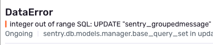 A fun internal Sentry error, but also sort of a milestone! When our "issues" postgres table was created, the times seen column was made as an int32. One of our customers has so many occurrences of an issue it's actually overflowed the column! time for an int64!