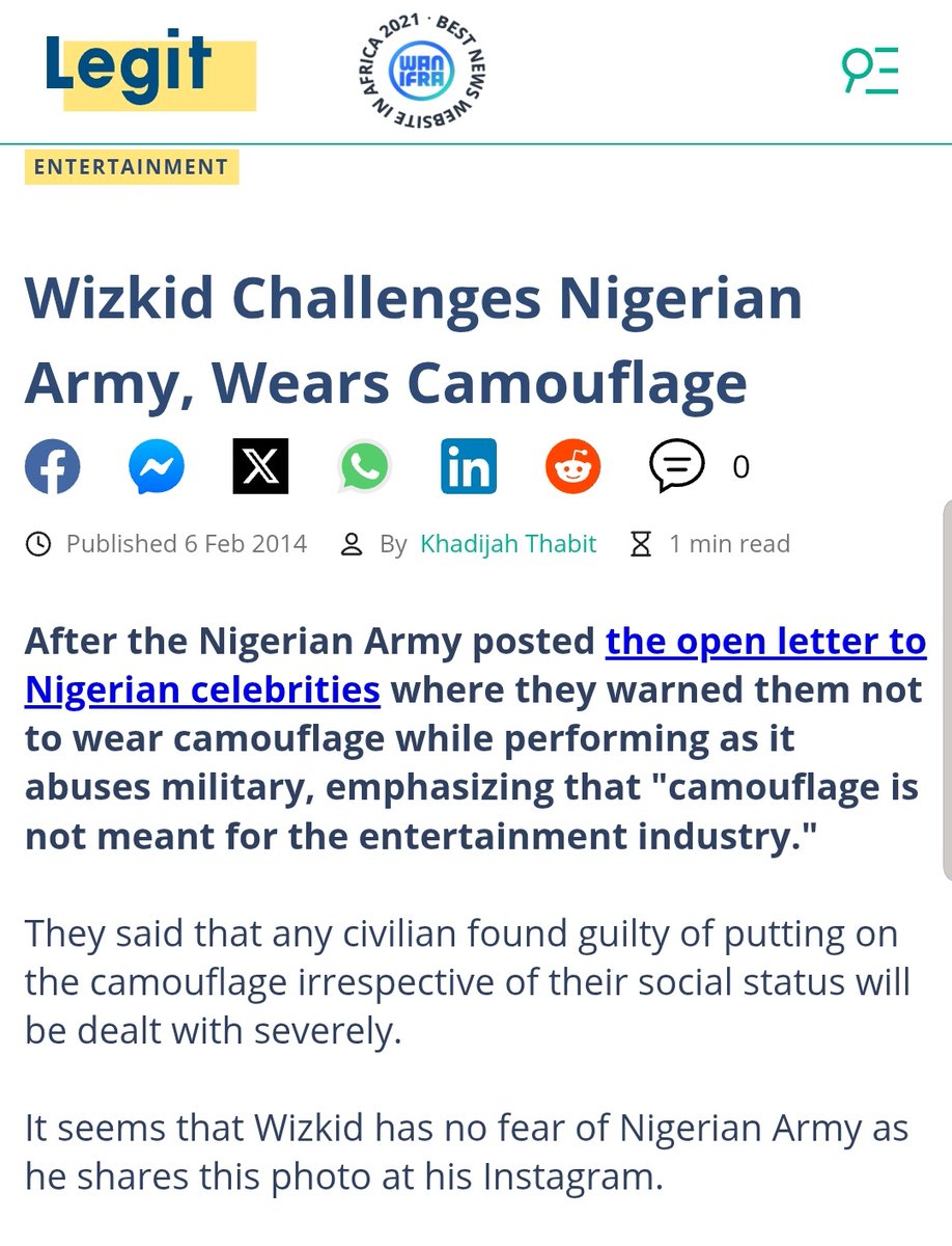 Lmao! Wizkid wey wear Camo so tey, He Challenge Nigerian Army make dem come arrest am 2014. Most of these new school music fans are jokers. 😫😫🤣🤣