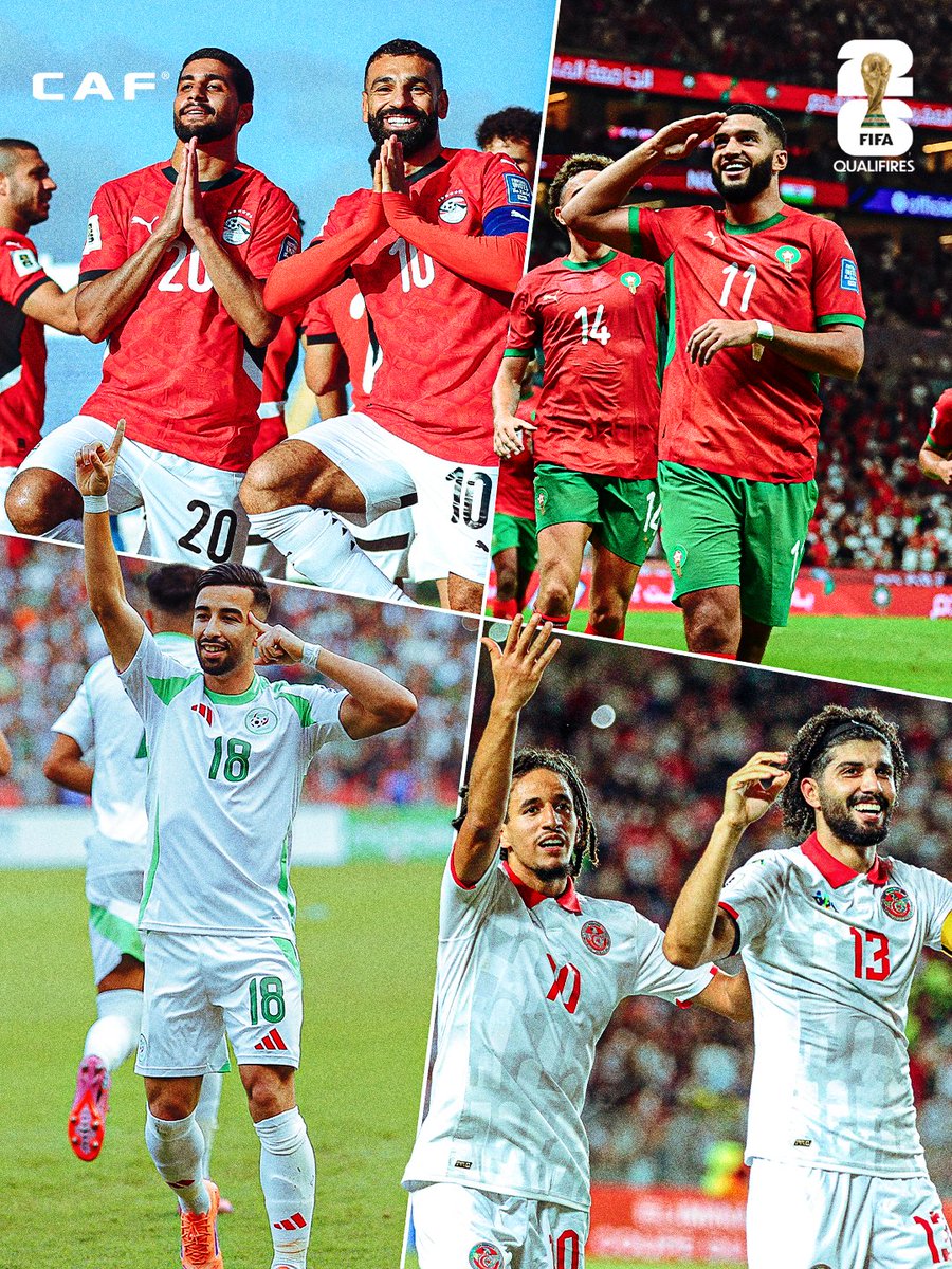 CAF_Online's tweet photo. Four down. 🇲🇦🇹🇳🇪🇬🇩🇿 

Five more to go. Who else joins the African 2026 #FIFAWorldCup train? 🚂 https://t.co/xD6TsbjMQl