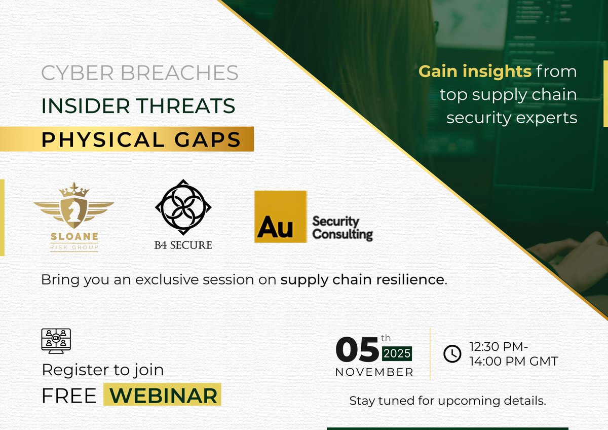 B4Secure's tweet photo. Supply chains face serious #risks.

Join our free webinar with experts:

-Julie Nel (B4 Secure) on #resilience
-Hayley Elvins (@Sloaneriskgroup) on #physicalsecurity
-Richard Mackintosh (Au Security Consulting) on #operationalrisk.

Register now - https://t.co/GbtUhFH6Da. https://t.co/kDhKLb49Cv
