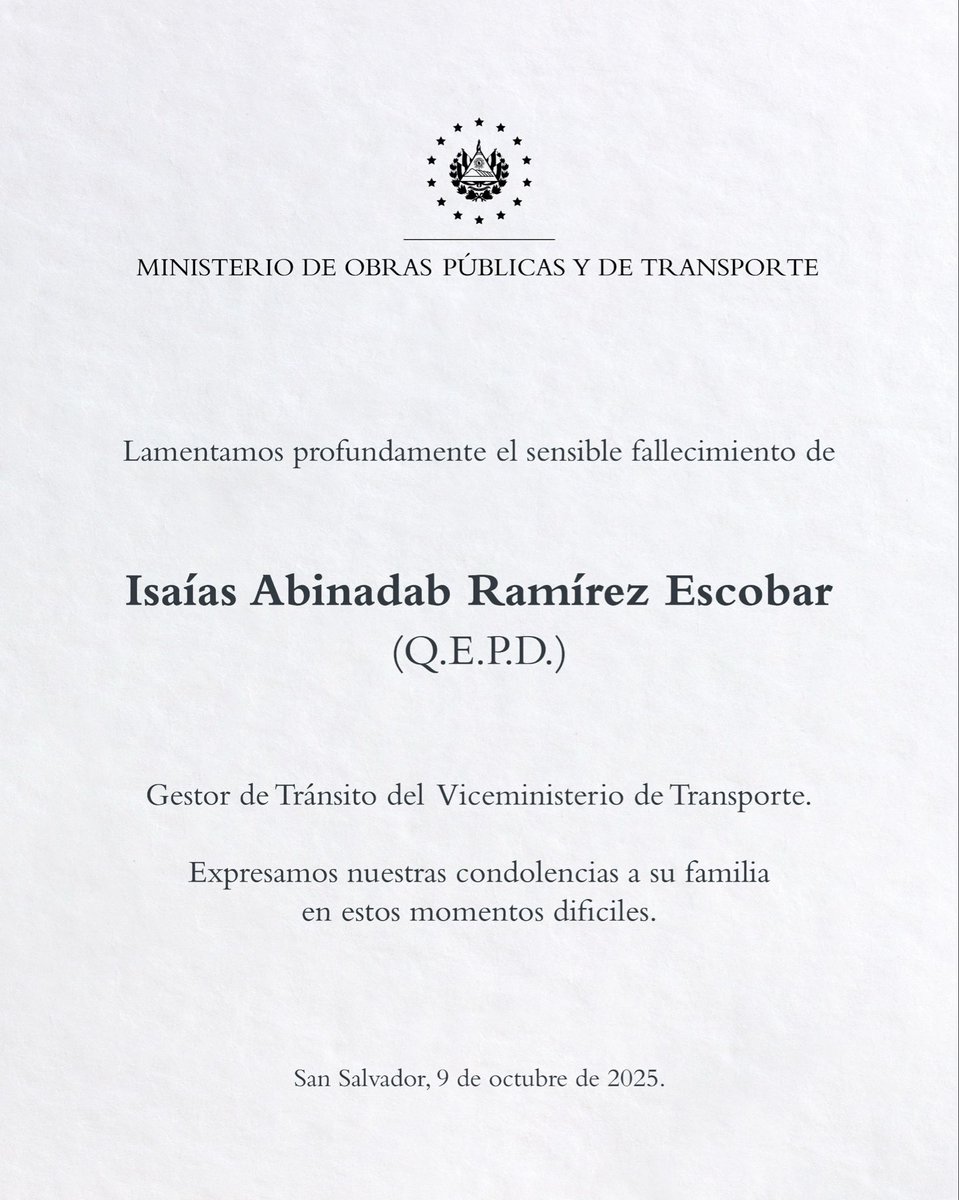 Lamentamos el sensible fallecimiento de Isaías Abinadab Ramírez Escobar, quien se destacó como gestor de tránsito de nuestra institución.

Expresamos nuestras condolencias a sus familiares y amigos y elevamos una oración al Creador por el descanso de su alma.
