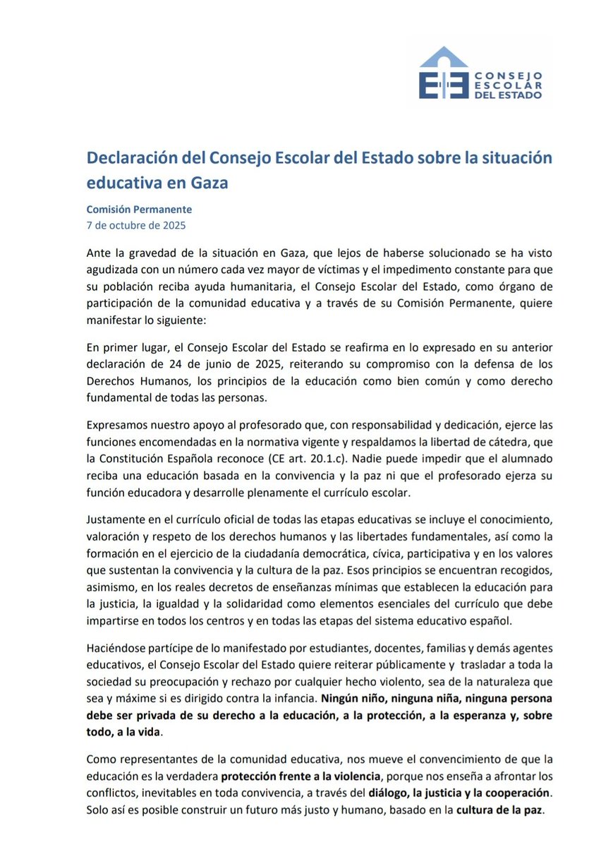 El Consejo Escolar del Estado responde a la petición de "#MareaPalestina. La educación contra el #genocidio." Respalda al profesorado y da una valiosa herramienta  de amparo  frente al acoso de la Consejería de Educación madrileña. #libertad #democracia mareaverdemadrid.blogspot.com/2025/10/el-con…