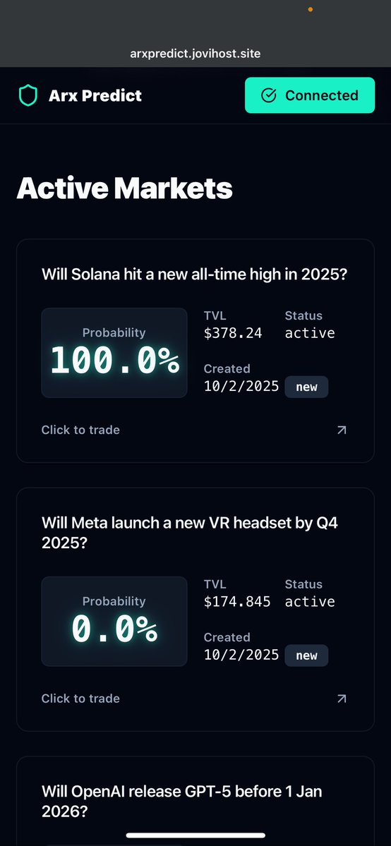 Amymolly_'s tweet image. Tested some @ArciumHQ apps and honestly I’m so happy for what’s coming
@ArxPredict by @DsouzaJovian
Privacy prediction markets
I love this so much, with the way prediction markets heating up right now, imagine now being private again.
So easy to use, i can’t wait to use this…