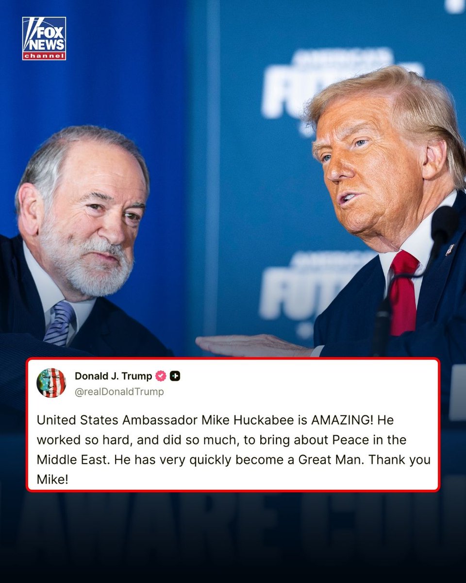 Fox News (@foxnews) on Twitter photo 'PEACE IN THE MIDDLE EAST': President Trump praised U.S. Ambassador to Israel Mike Huckabee for his efforts negotiating the peace deal between Israel and Hamas: "He worked so hard." 'PEACE IN THE MIDDLE EAST': President Trump praised U.S. Ambassador to Israel Mike Huckabee for his efforts negotiating the peace deal between Israel and Hamas: "He worked so hard."