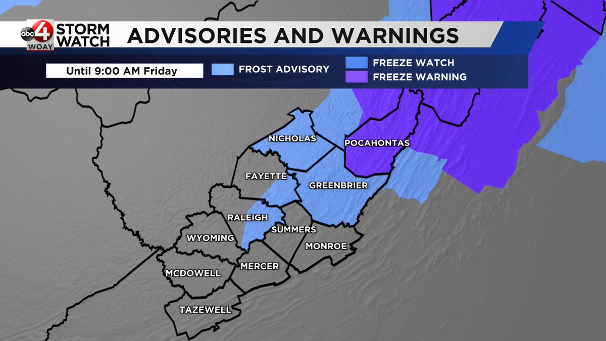 Frost Advisories and Freeze Warnings are in effect for our northeastern counties tonight and tomorrow morning. A slight warmup is in the forecast later on. We'll show you the complete forecast and track those temperatures for you on WOAY NewsWatch, starting at 5. #wvwx #VAwx