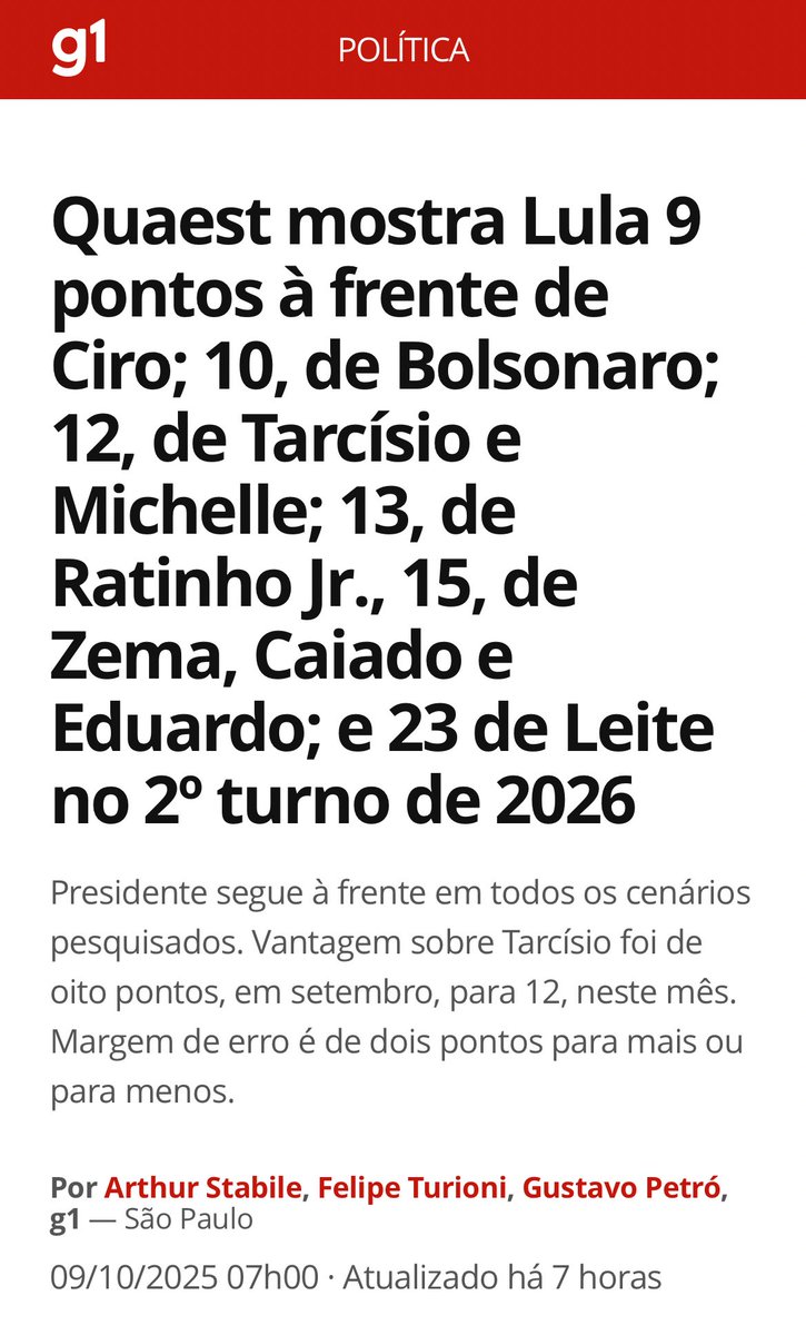 <a href="/JasonMiller/">Jason Miller</a> <a href="/jairbolsonaro/">Jair M. Bolsonaro</a> <a href="/STF_oficial/">STF</a> <a href="/alexandre/">Alexandre de Moraes</a> Came on! You are a presidential advisor! What are you reporting to the president? 

Today: The Quaest poll shows Lula 9 points ahead of Ciro Gomes, 10 points ahead of Jair Bolsonaro, 12 points ahead of Tarcísio de Freitas and Michelle Bolsonaro, 13 points ahead of Ratinho Jr., 15