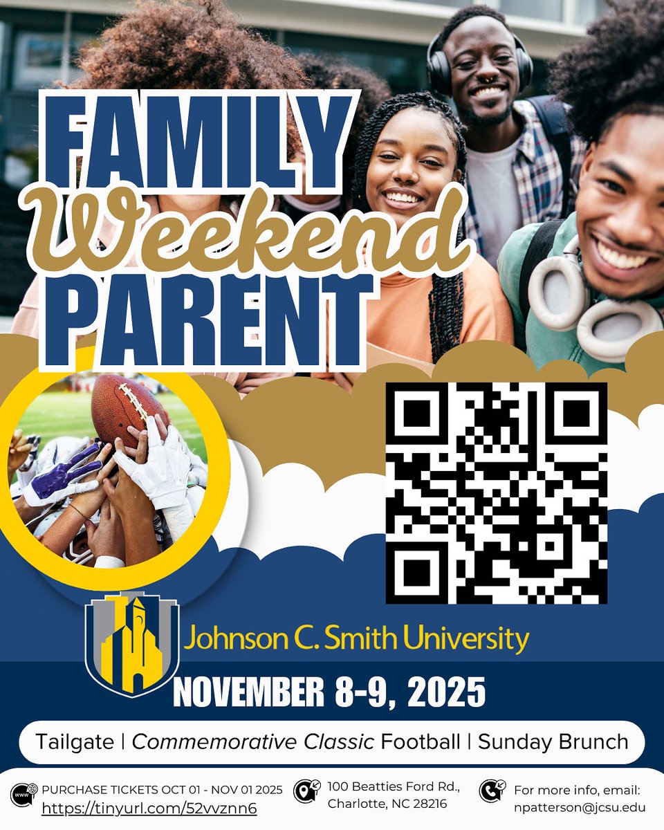 JCSUniversity's tweet image. 💙💛 Family &amp;amp; Parent Weekend at JCSU! 💛💙

Join us Nov. 8–9, 2025 for the Commemorative Classic, tailgate fun, and Sunday brunch! 🎉🏈

🎟️ Tickets available Oct. 1–Nov. 1 → tinyurl.com/52vvznn6

#JCSU #GoldenBulls #FamilyWeekend #HBCUExcellence #NewEraOfExcellence