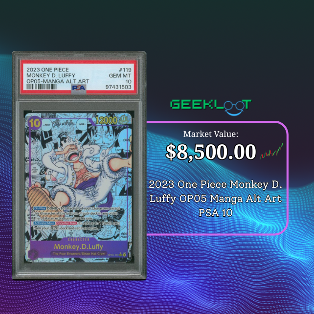🏴‍☠️PSA Market Mover🏴‍☠️

2023 One Piece Monkey D. Luffy OP05 Manga Alt Art PSA 10 –  Pop 839 and rising a true collector’s piece