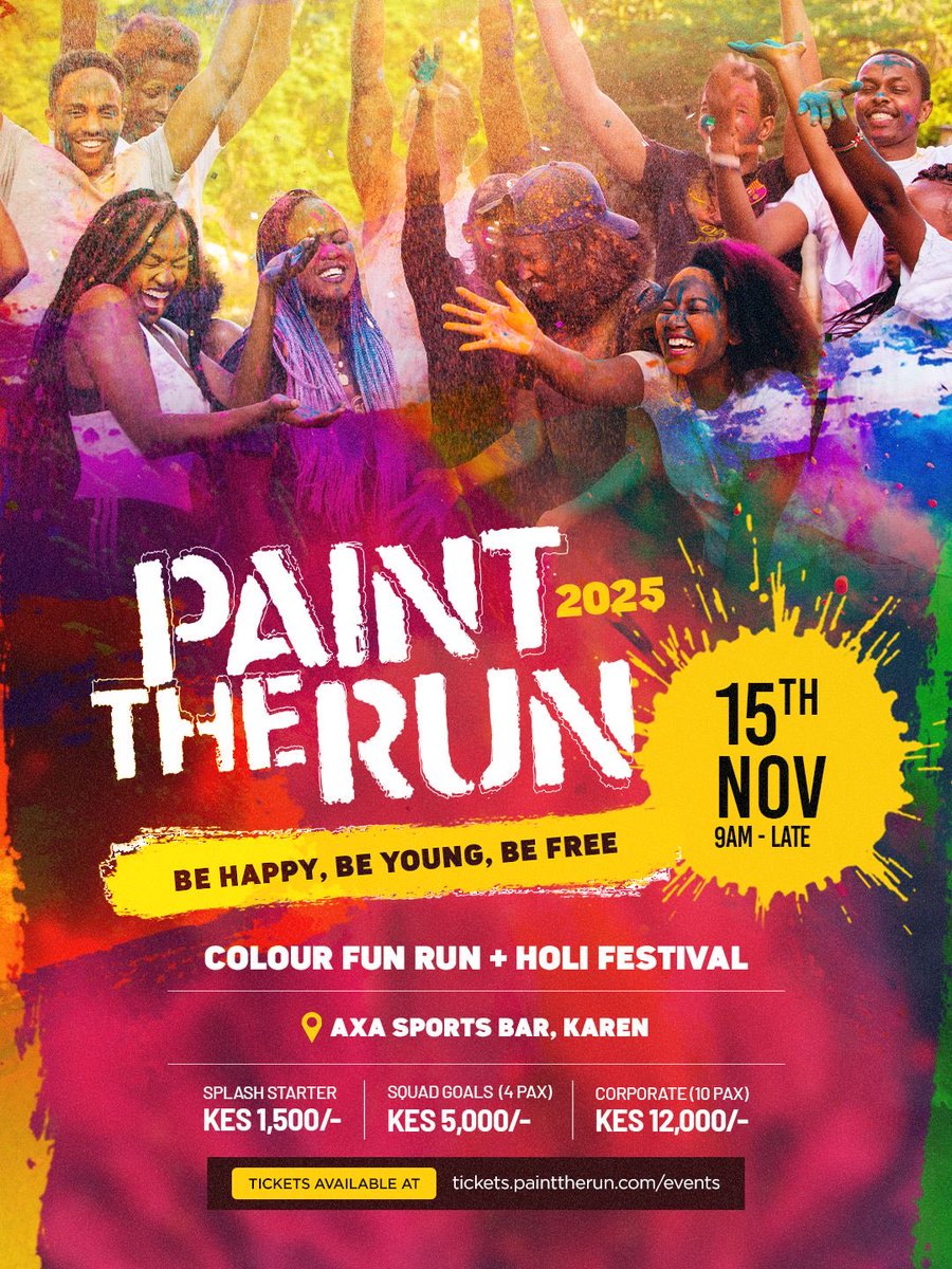 painttherun's tweet photo. The wait is over! Paint The Run is back - where a colour fun run meets holi festival. 

Be happy, be young, be free! 

🗓 15th November 2025
⏰ 9am til late 
📍 Axa Sports Bar, Karen
🎟 https://t.co/tpNg8rdEA9

#painttherun #ptr2025 #colourun #holifestival #colouryourmovement https://t.co/z2YtnSo7oU