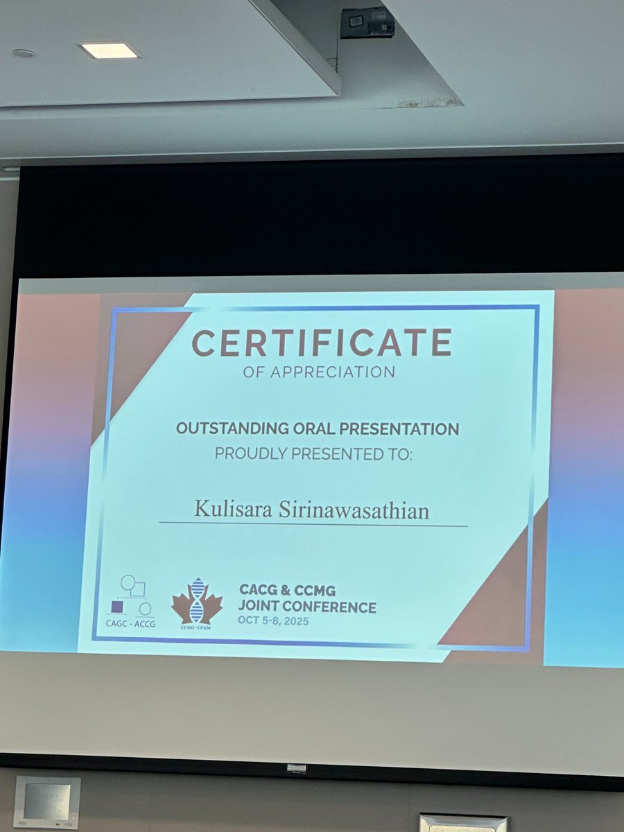 Big congrats to Kulisara Sirinawasathian, former <a href="/GC_UofT/">University of Toronto Genetic Counselling Program</a> student and GENOMETRICS team member, for winning the Outstanding Oral Presentation Award at #CAGCCCMG2025! 🏆Her work on parents' views of pharmacogenomic testing sparks excitement for future research and innovation!💊