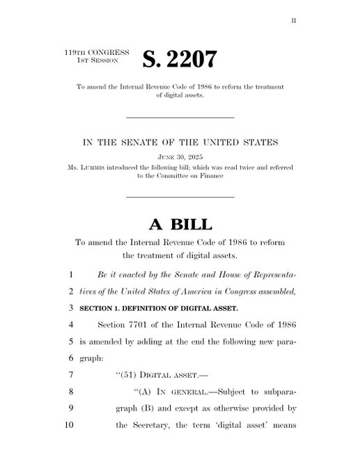 CoinDesk's tweet image. 🇺🇸 LATEST:  Senator Lummis posts S.2207 screenshot to X.

S.2207 is a crypto tax reform bill that calls for a de minimis exemption for personal digital asset transactions.