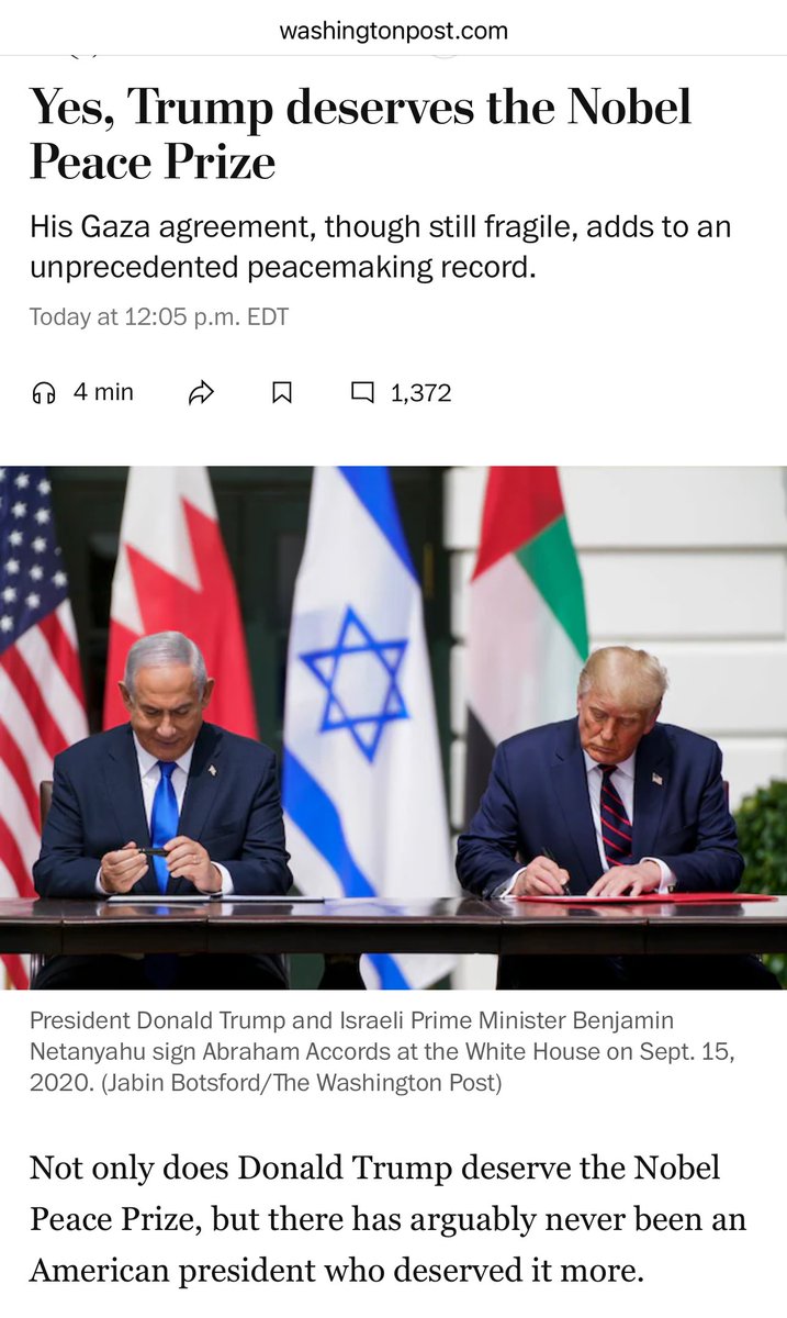 ¡Hasta el Washington Post!

En una columna, el Washington Post dice que “no solamente Trump merece el Nobel de la Paz, sino que no ha habido presidente de EEUU que lo merezca más”.