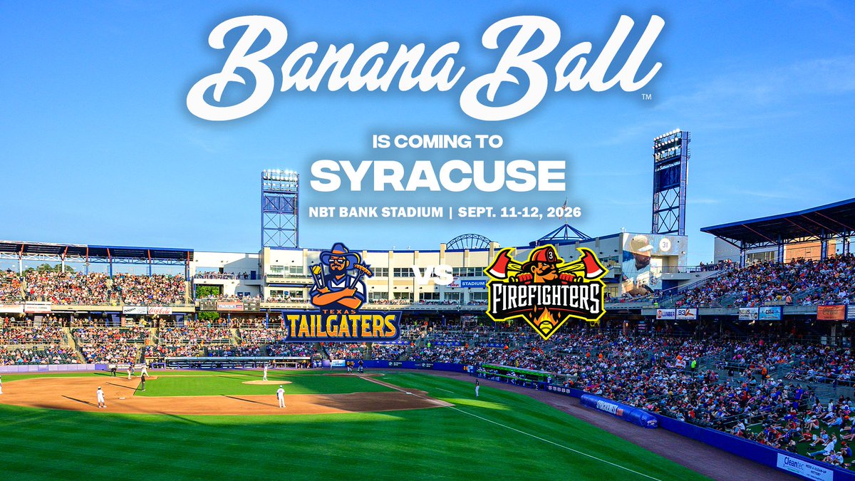 Banana Ball is coming to NBT Bank Stadium in 2026! The global phenomenon, made famous by the Savannah Bananas, will stop in Syracuse for 2 games on September 11th and 12th. Fans must enter the ticket lottery by October 31, 2025 at bananaball.com/tickets for a chance to purchase