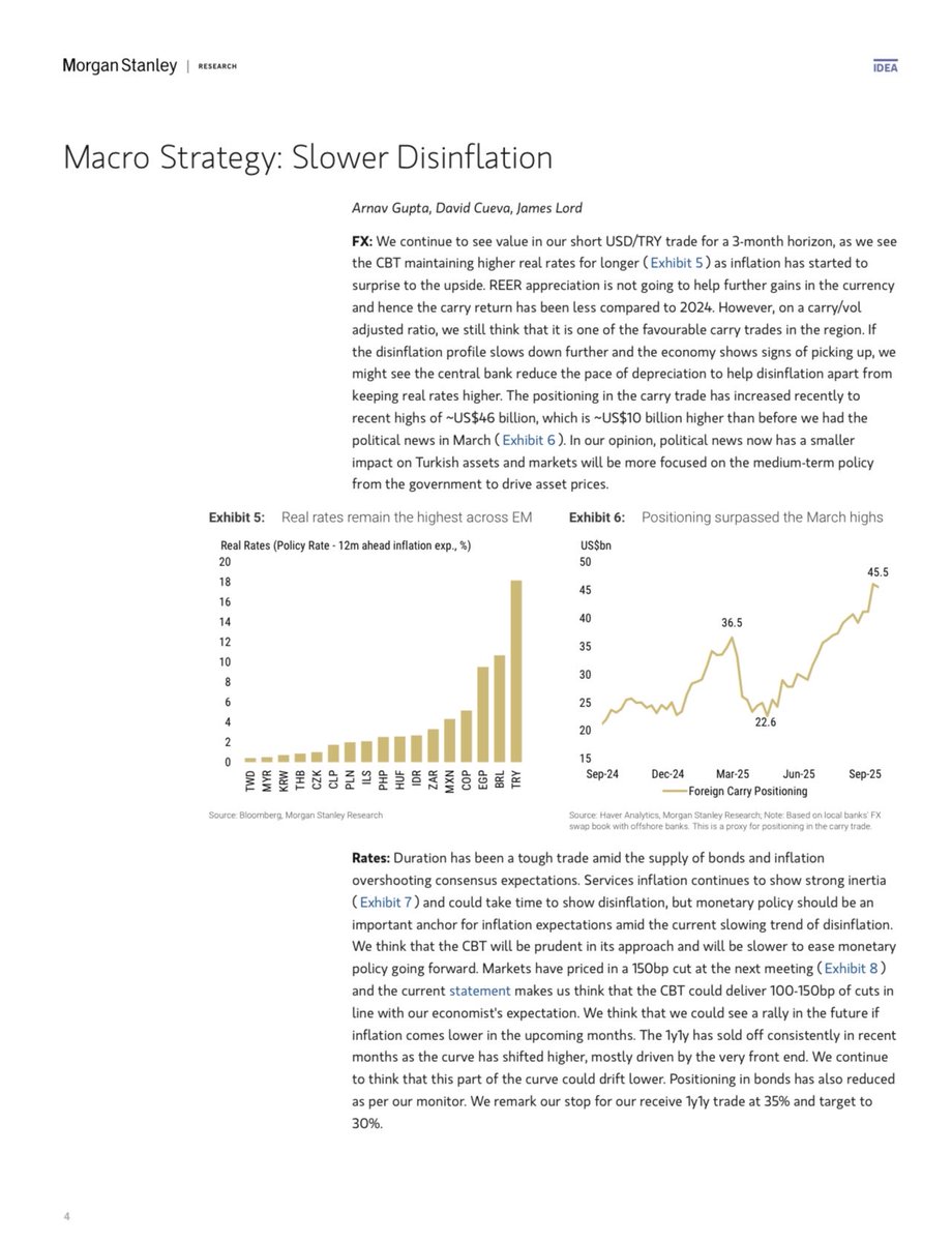 Morgan Stanley’nin 9 Ekim 2025 tarihli “Turkey Economics and Macro Strategy: Slower Disinflation, Slower Rate Cuts” raporunun detaylı özetini paylaşıyorum;

🔹 1. Genel Çerçeve ve Temel Mesajlar

Raporun ana teması: “Yavaşlayan dezenflasyon, yavaşlayan faiz indirimleri”