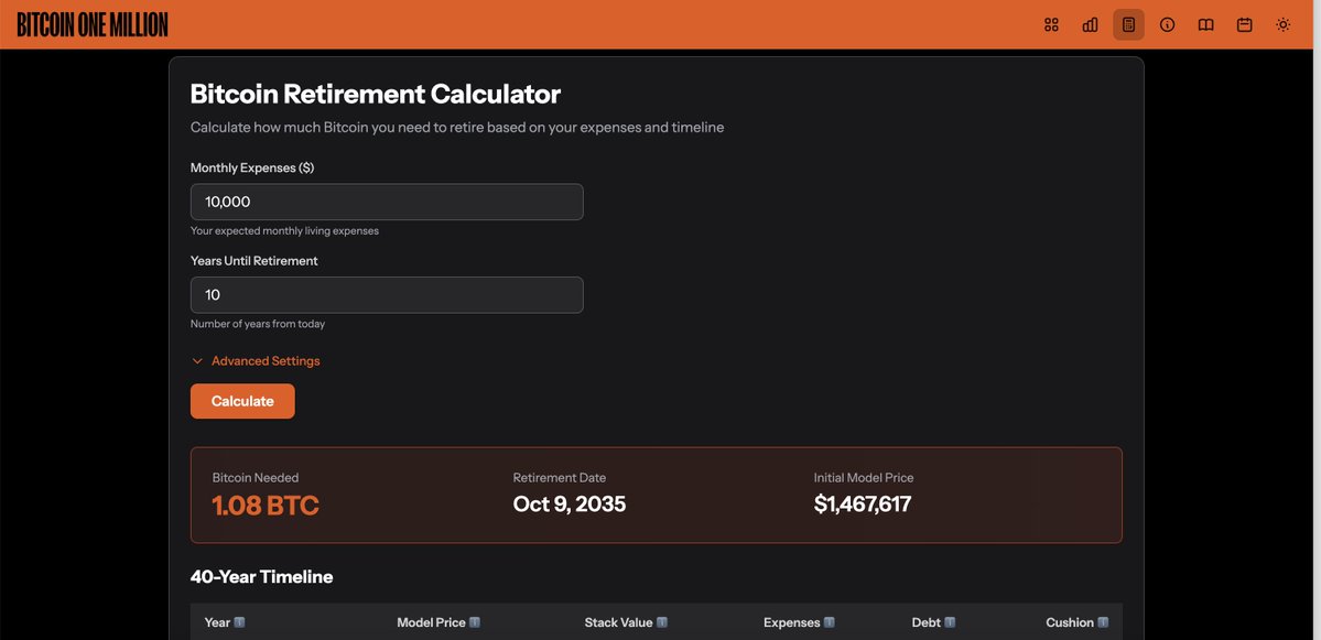 The ultimate Bitcoin calculator is now LIVE on b1m.io. Click the little calculator button (may need to clear cache first using link at bottom of page), then enter your current monthly expenses and the number of years left to retire...AND IT COMPUTES your Bitcoin