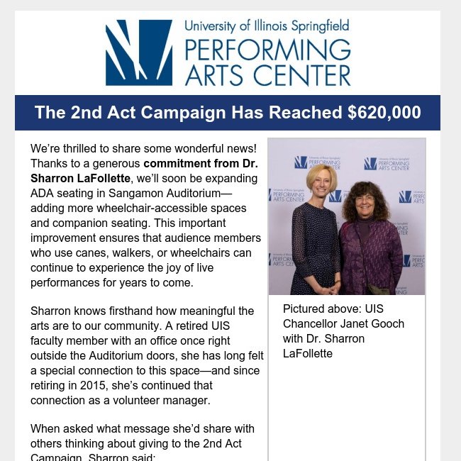 🎭 Big news! The 2nd Act Campaign has reached $620,000! Special thanks to a recent generous commitment from Dr. Sharron LaFollette! 💙
Catch up on this and more in our latest email — including Backstage 101 and behind-the-scenes updates.
👉 Read it here: conta.cc/474ZTei