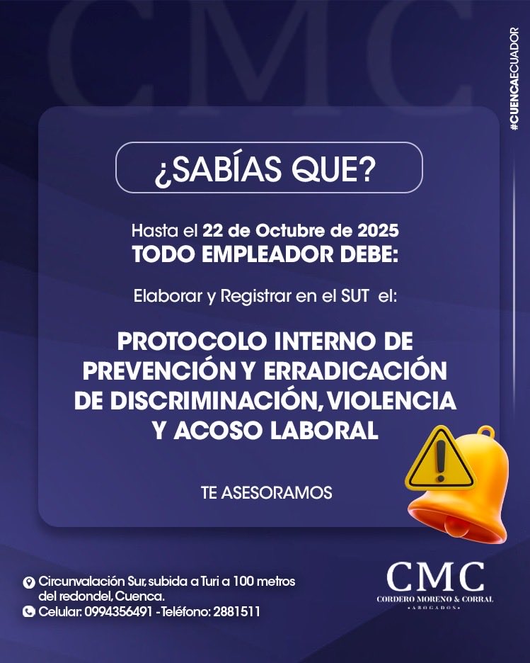 CMCABOGADOSEC's tweet image. ¿Ya elaboraste tu protocolo interno contra la discriminación y el acoso laboral? 🙌
Si aún no lo has hecho, ¡no esperes más! Nosotros te acompañamos en el proceso.

📱Celular: 0994356491
📞Teléfono: 2881511
✉️Correo: culloa@cmc.com.ec