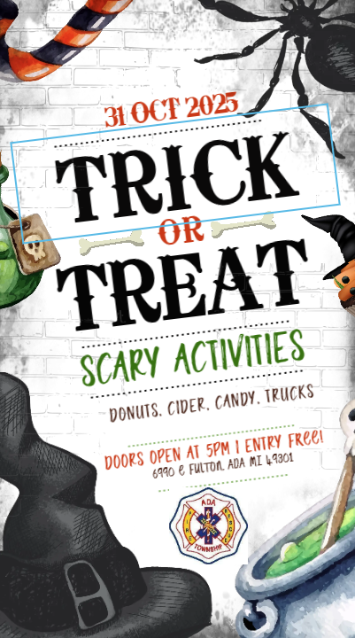 🚒🎃 Join us for Ada Township Fire Department’s Halloween Open House!

📅 Friday, Oct 31
🕔 5 pm – 8 pm

Cider, donuts, candy, fire trucks, and fun. Costumes welcome. Come tour the station and meet our firefighters!

#AdaTownship #Halloween