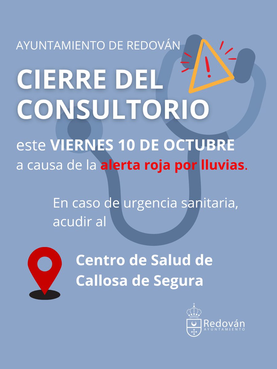 📣 Ante las medidas emitidas por el <a href="/GVAhOrihuela/">Dpto. Salud Orihuela</a> motivadas por la alerta meteorológica, mañana 📆 viernes 10 de octubre el consultorio de #Redován permanecerá cerrado. 

➡️En caso de urgencias, se deberá acudir al Centro de Salud de Callosa de Segura.