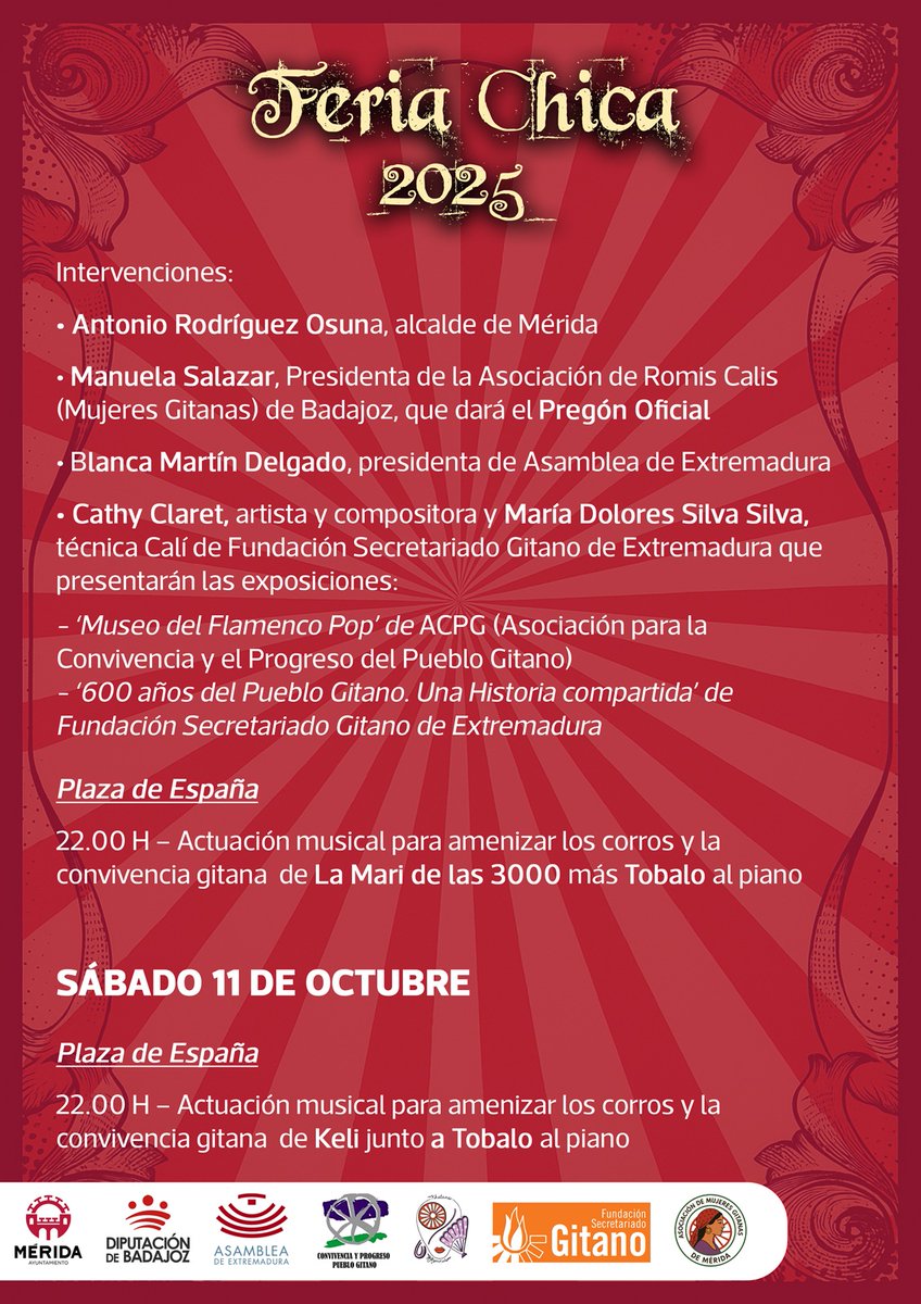 Ayuntamiento de Mérida (@ayto_merida) on Twitter photo Mañana viernes y el sábado, 10 y 11 de octubre, se celebra la #FeriaChica2025 que se inaugurará oficialmente mañana en la <a href="/Asamblea_Ex/">Asamblea Extremadura</a> y que contará con exposiciones, jornadas y actuaciones musicales en la Plaza de España donde no faltarán los tradicionales corros Mañana viernes y el sábado, 10 y 11 de octubre, se celebra la #FeriaChica2025 que se inaugurará oficialmente mañana en la <a href="/Asamblea_Ex/">Asamblea Extremadura</a> y que contará con exposiciones, jornadas y actuaciones musicales en la Plaza de España donde no faltarán los tradicionales corros