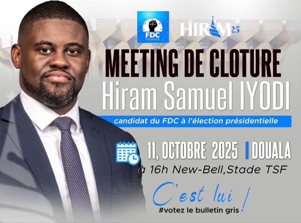 Chers Patriotes,
Retrouvons-nous ce samedi 11 octobre dès 16h au stade TSF de New Bell pour le grand meeting de clôture de notre campagne. 

Le bulletin gris c’est le choix de la rupture et de l’unité.

Faisons le ensemble.
C’EST NOTRE MOMENT !

#Hiram2025