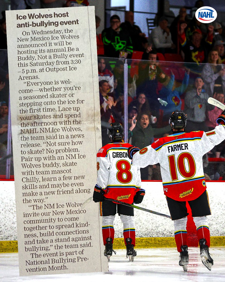 NMIceWolves's tweet image. Be a Buddy Not a Bully is coming up this Saturday at 3:30pm! Come out and skate with the Ice Wolves, make some new friends, and stand up against bullying! #BeKindBullyingHurts

Learn more about the event here 🔗 nmicewolves.com/be-a-buddy-not…