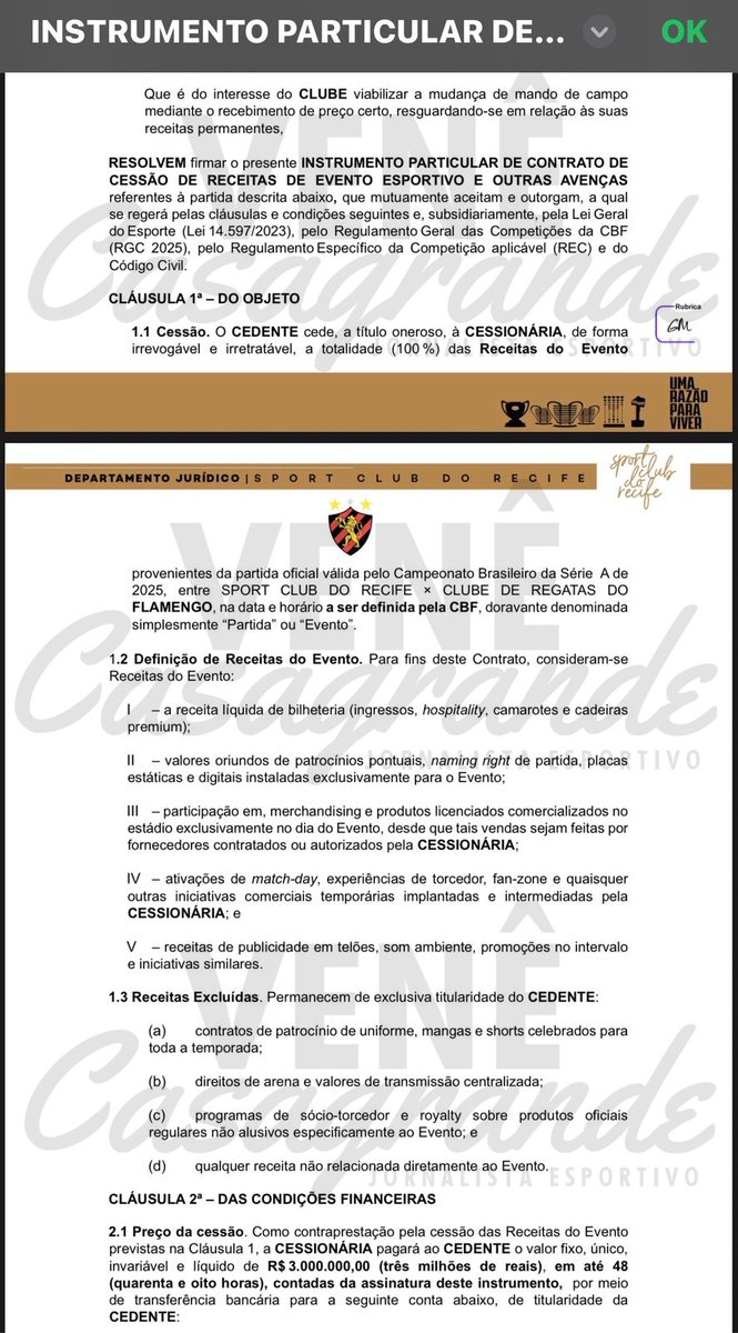 venecasagrande's tweet image. Tive acesso ao contrato assinado pelo Sport com a empresa que comprou o mando do jogo contra o Flamengo para levar para a Arena Pernambuco.

O documento de 13 páginas foi assinado no dia 30 de julho e diz que o Leão recebe R$ 3 milhões, com pagamento à vista, "em até 48 (quarenta…