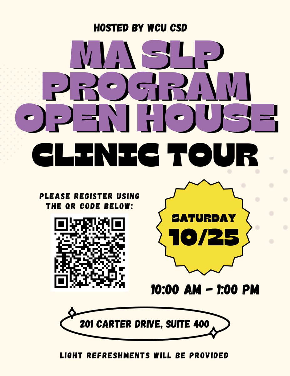 csd_wcu's tweet photo. Join us for our MA SLP In-Person Open House at West Chester University! ππ¬
π
Saturday, October 25, 2025
β° 10 a.m. β 1 p.m.
π 201 Carter Drive, Suite. 400
Register with the QR code on the flyer!
#SpeechPathology #SLPGradSchool #FutureSLP #WestChesterU #csd https://t.co/zstlnzPGJP